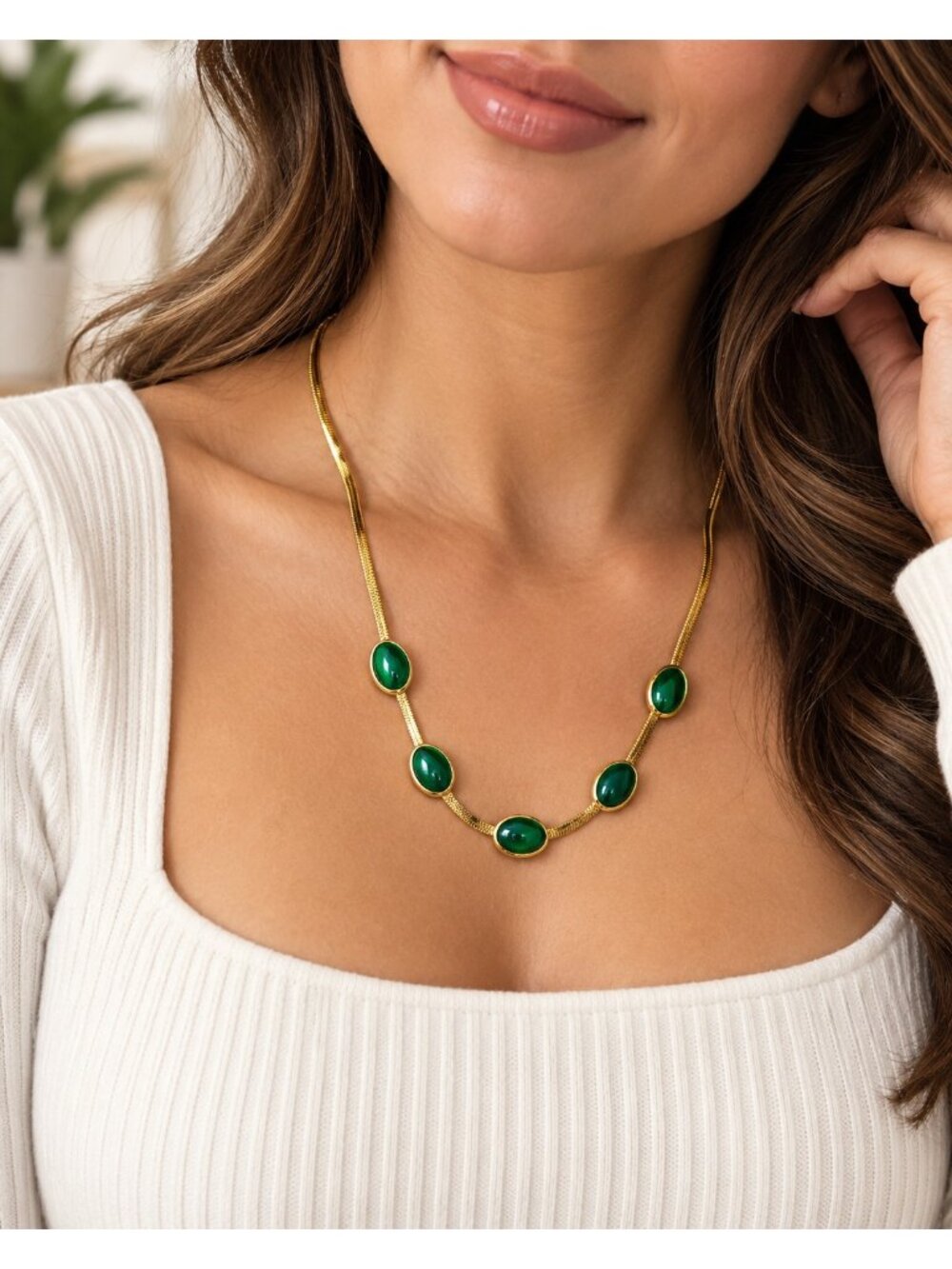 Gold Tone Stainless Steel Green Cabochon Statement Necklace Snake Chain 5 Stone